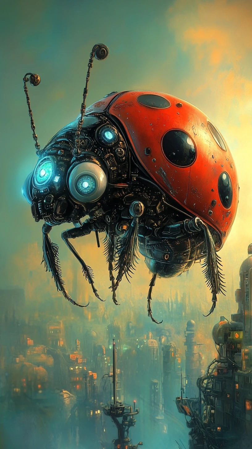 Coccinella cibernetica distopica che emerge da un orizzonte sfocato