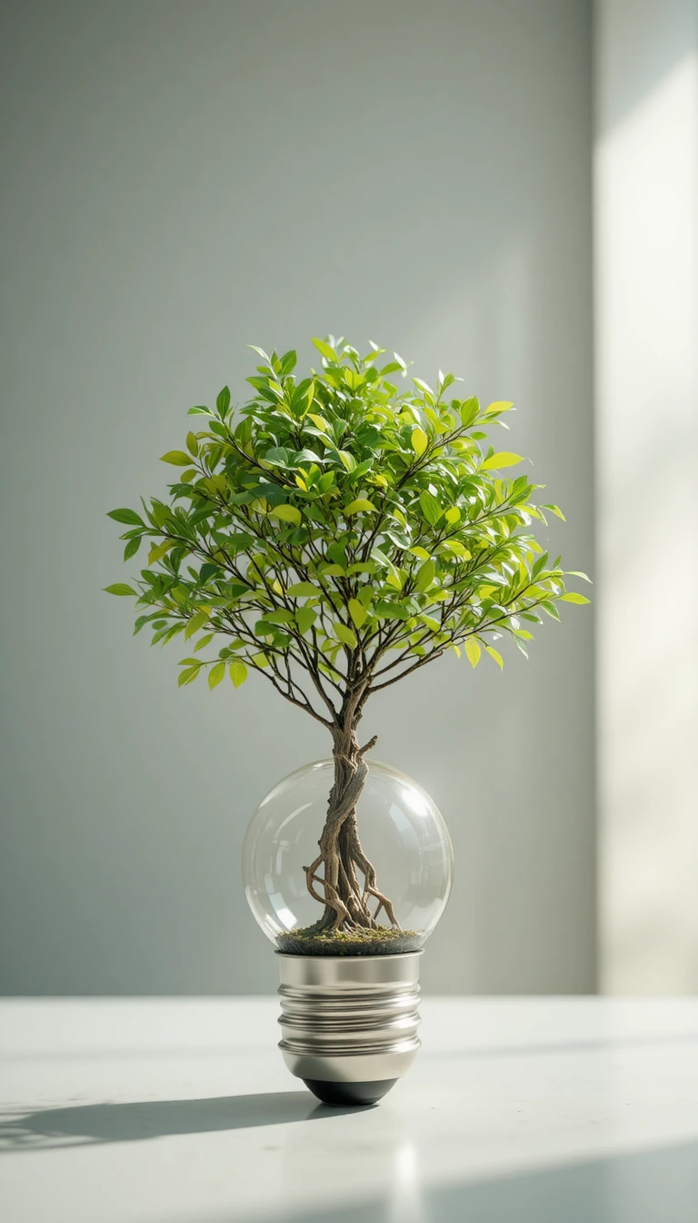 Albero verde che cresce dentro una lampadina trasparente su una superficie