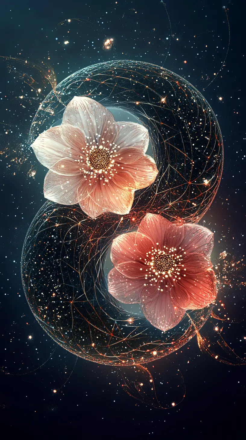 Symmetrical yin yang floral symbol with glowing particles