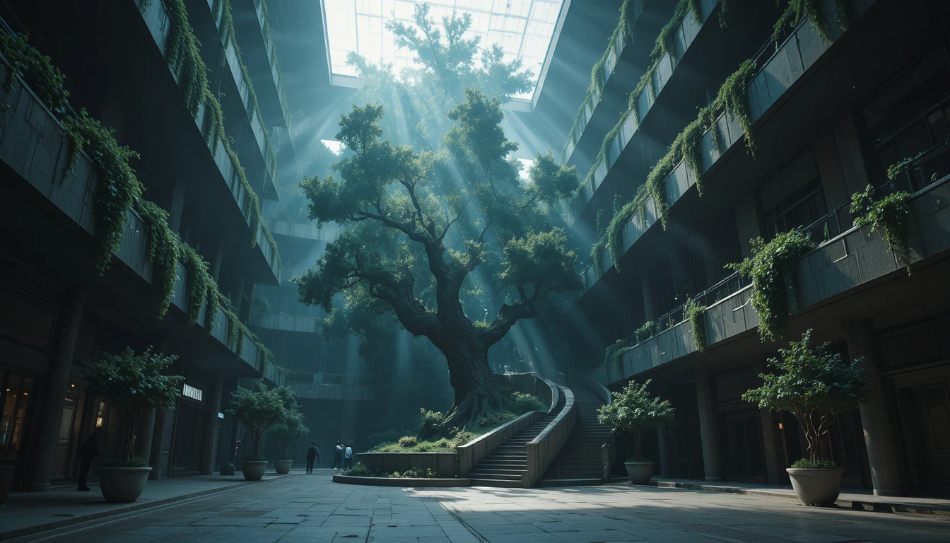 Futuristischer Turm, von einem riesigen Baum umwunden, nach dem Regen