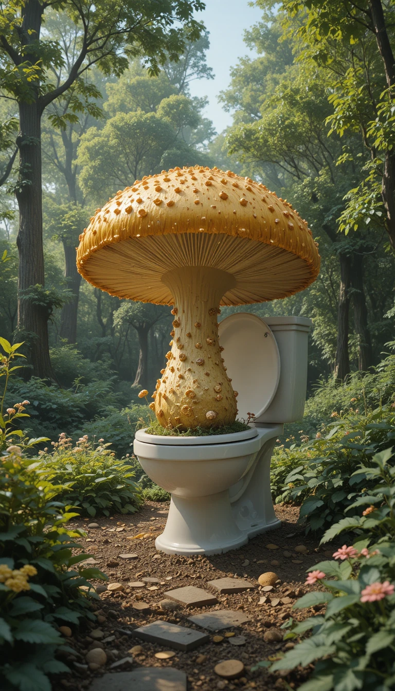 Enorme fungo d’oro che cresce da un wc in un parco cittadino