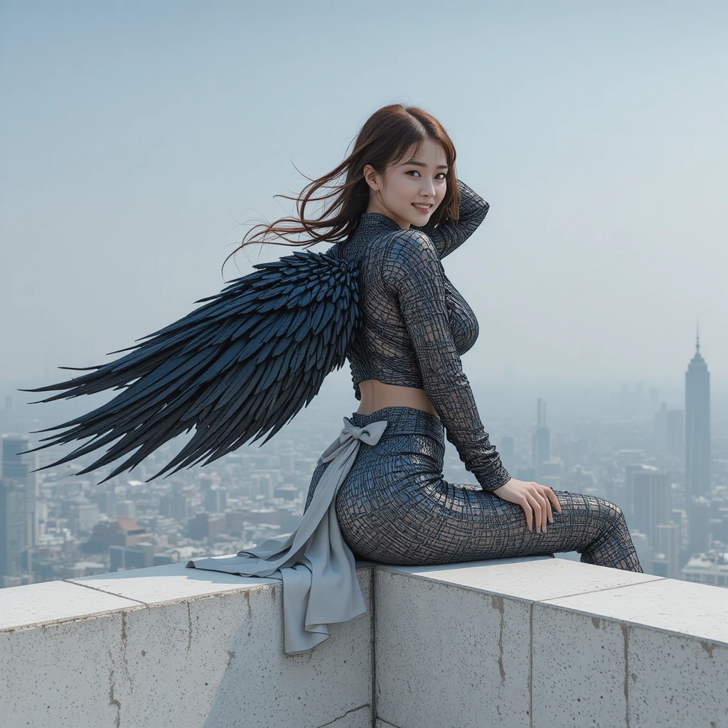 Young woman with obsidian wings on a distant city rooftop