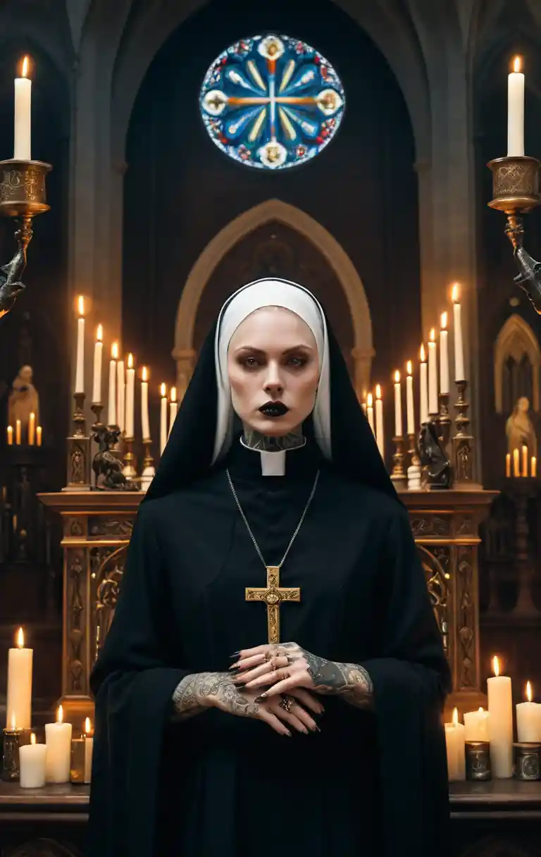 Tattooed nun in black habit aiming pistol in church
