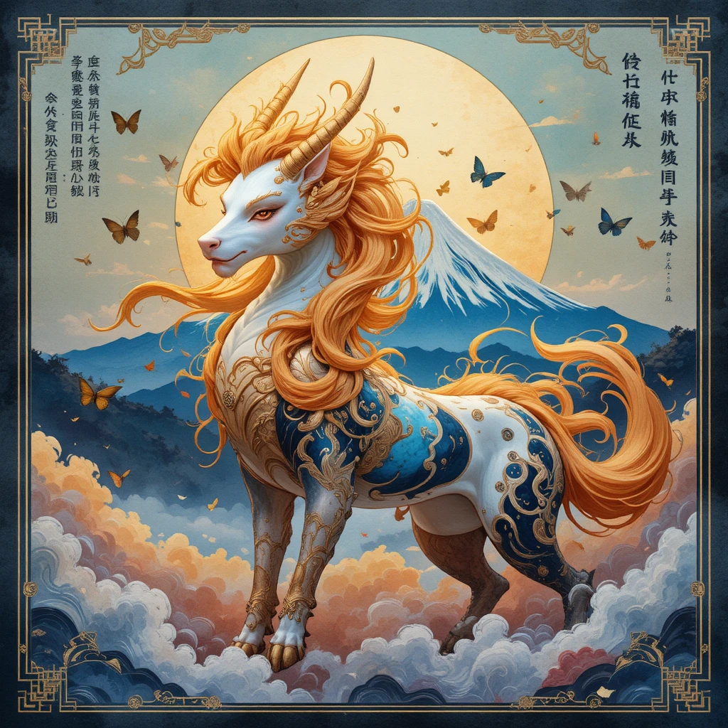 Qilin mitico ad acquerello davanti al Monte Fuji dorato