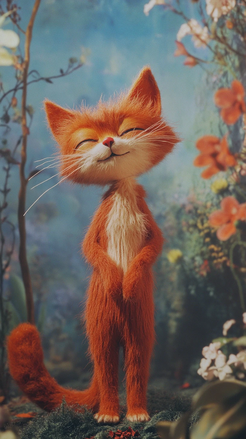 Chat rouge anthropomorphe dansant avec une expression enjouée et charmante