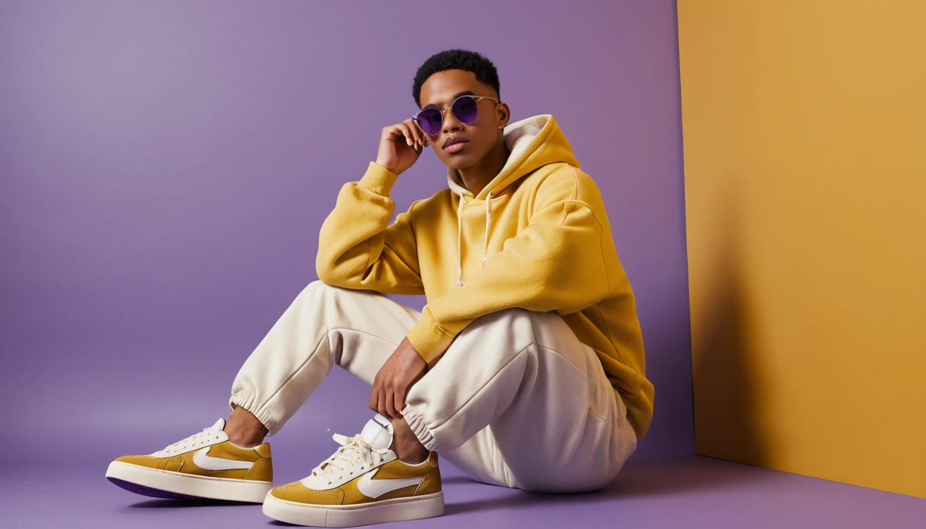 Stilvoller Mann in Fleece-Streetwear vor gelbem Hintergrund sitzend