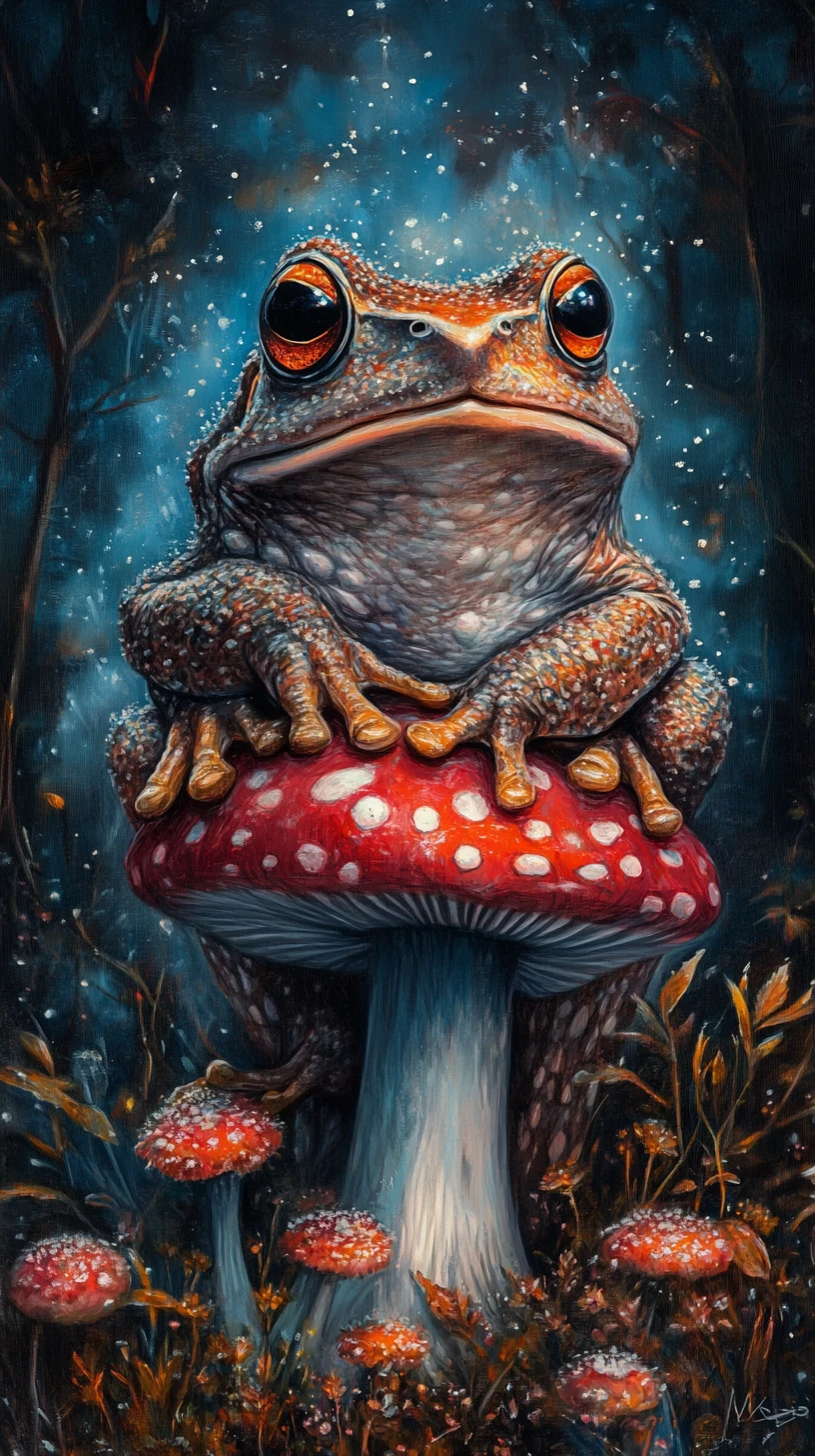 Rã surreal descansando em um cogumelo mágico com luz de fundo brilhante