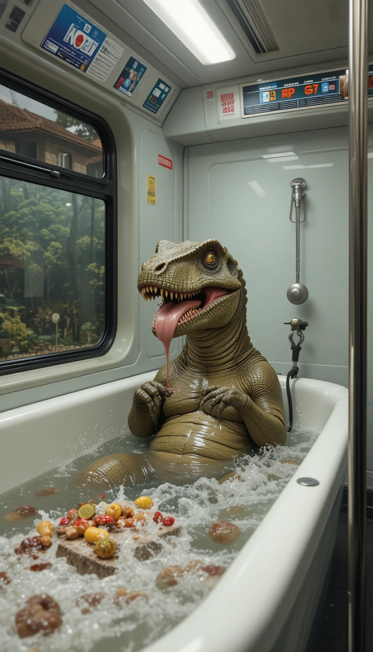 Dinosaurier nimmt ein Bad in einer vollen U-Bahn