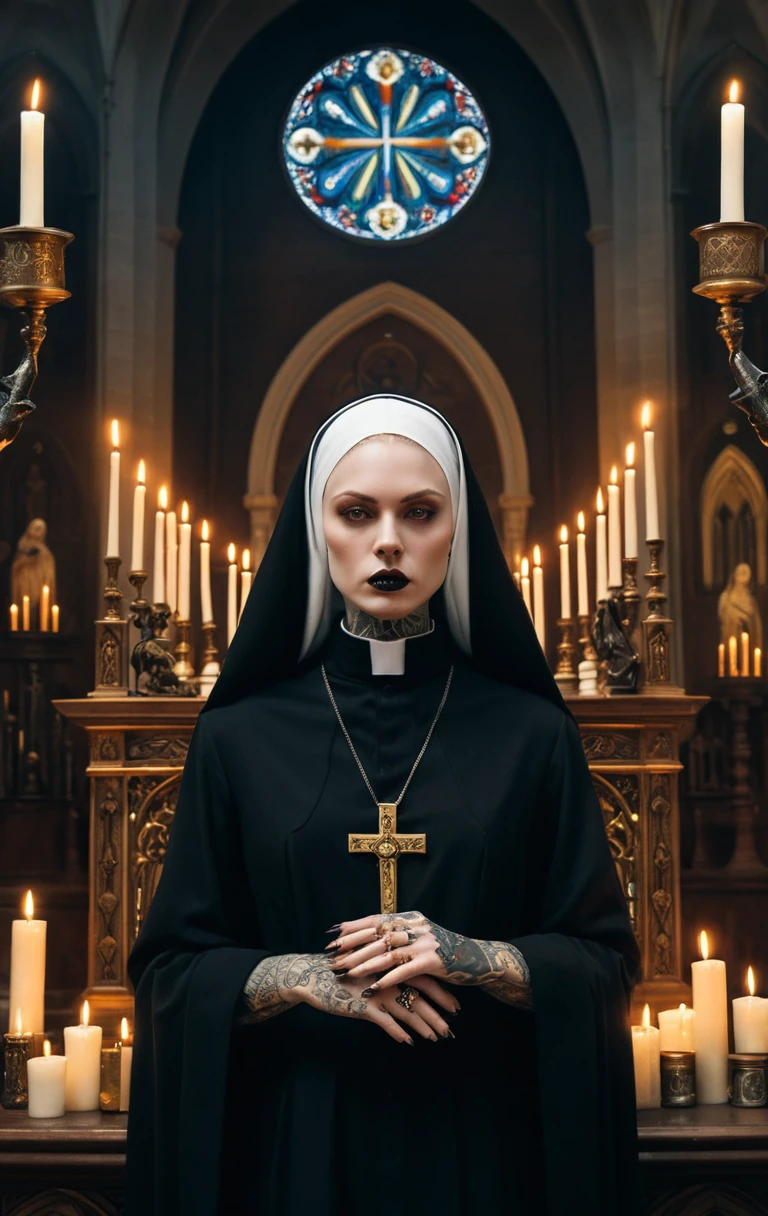 Tattooed nun in black habit aiming pistol in church
