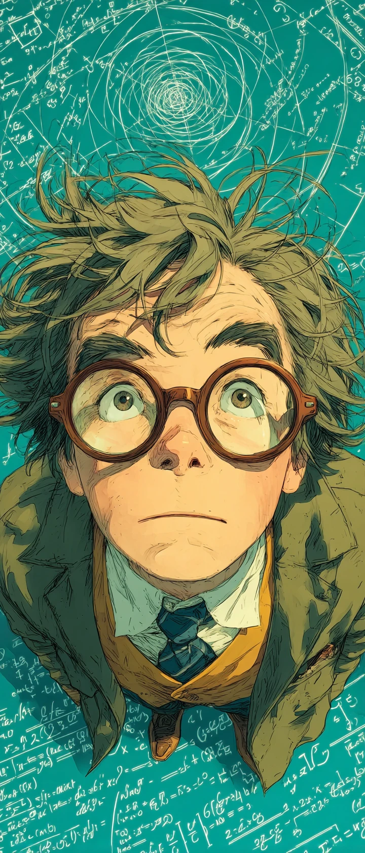 Matemático em estilo anime impressionado com equações vivas no quadro-negro