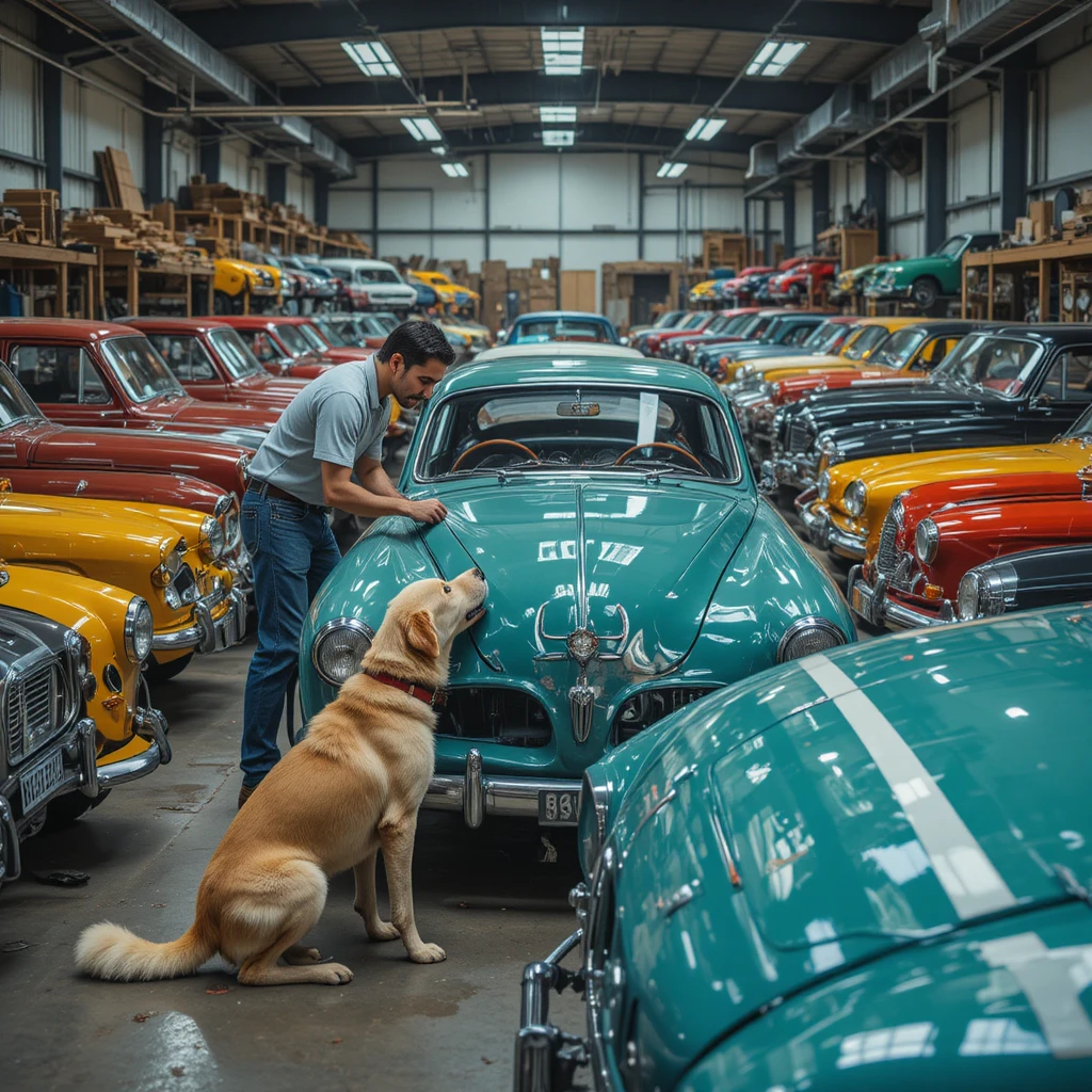Homem verificando um carro ao lado de um cachorro em uma garagem clássica colorida