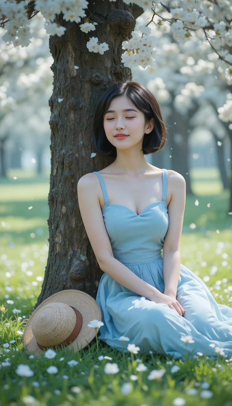 Giovane donna che riposa accanto a un albero in fiore bianco