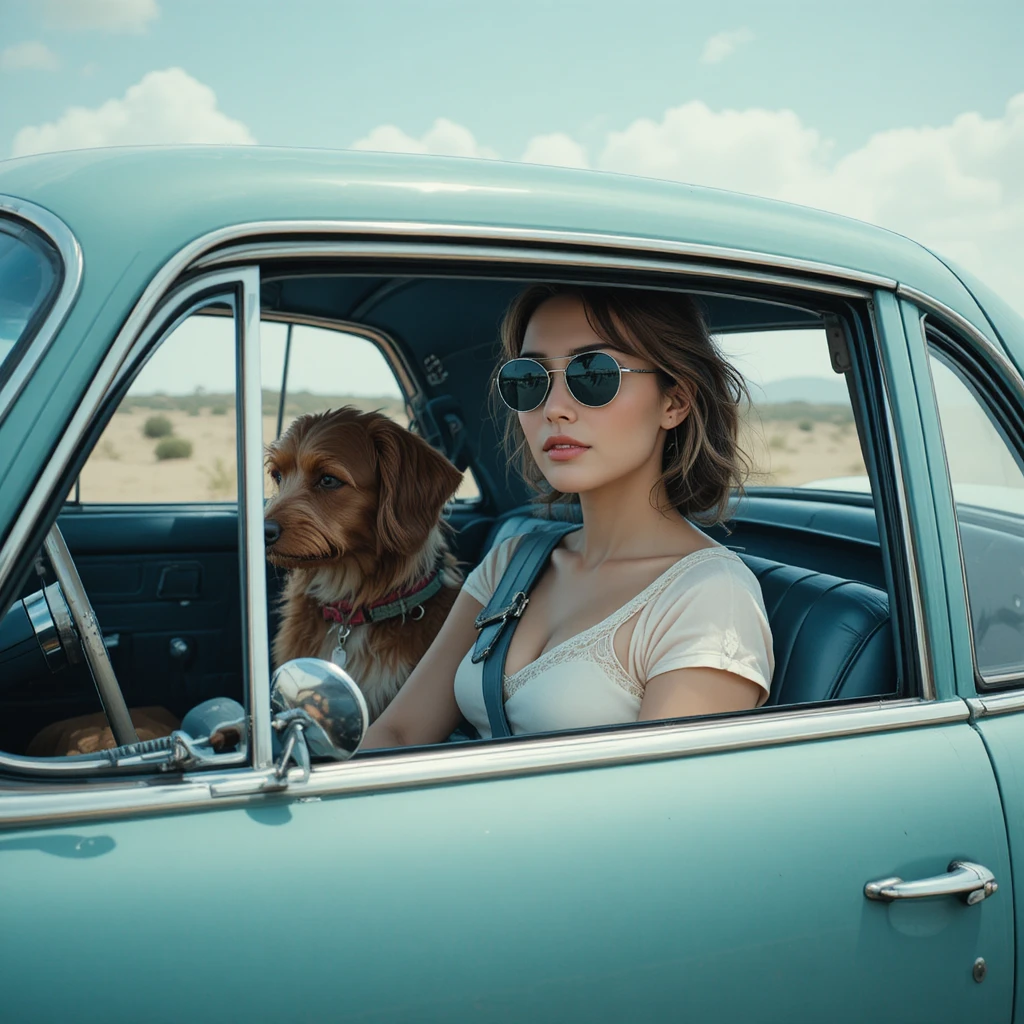 Mulher dirigindo um carro clássico com um cachorro no banco de trás