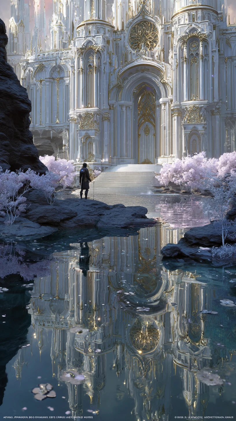 Elfe observant une cathédrale flottante au-dessus d’un lac miroir