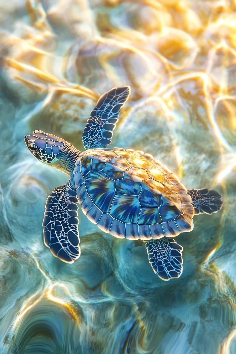 Tortuga marina bebé deslizándose sobre un arrecife de coral brillante
