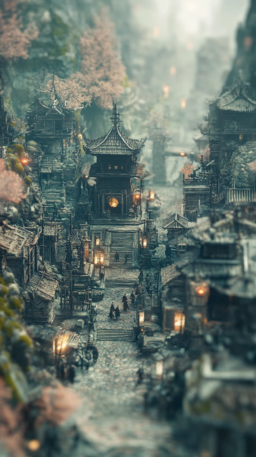 Dark fantasy ninja wandering through ancient mystical ruins