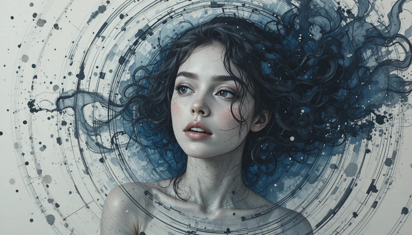 Jovem mulher em anéis concêntricos de aquarela vista de cima