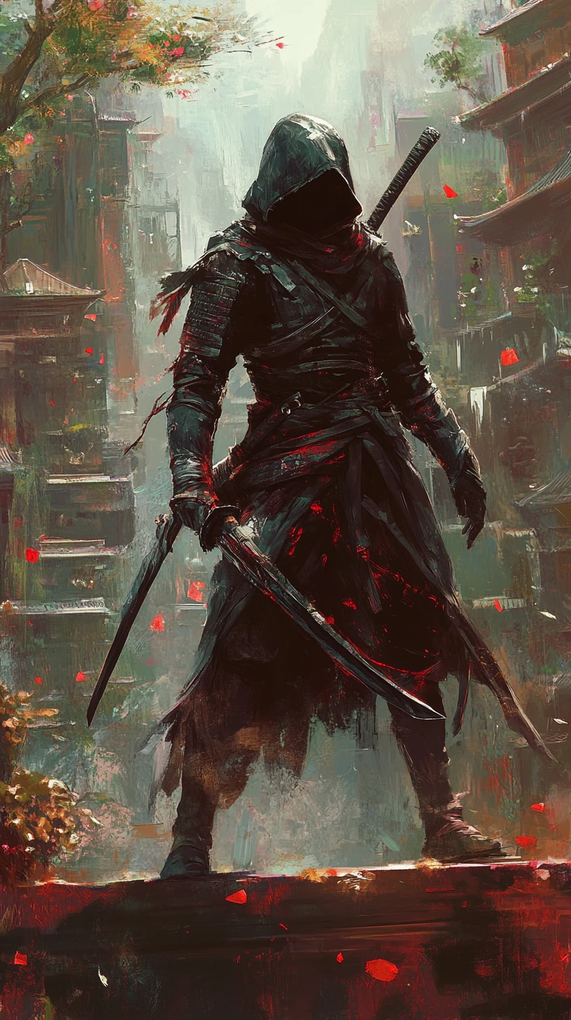Dark fantasy ninja amid ancient mystical ruins