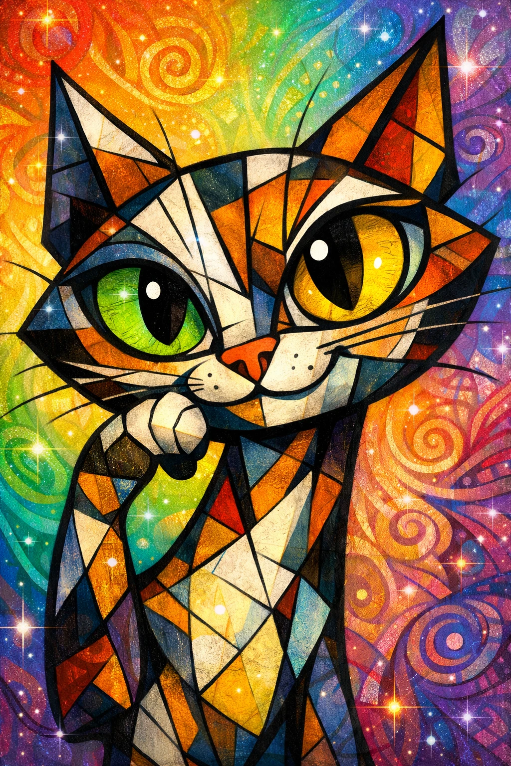 Gato cartunesco cubista em close-up com fundo psicodélico em arco-íris
