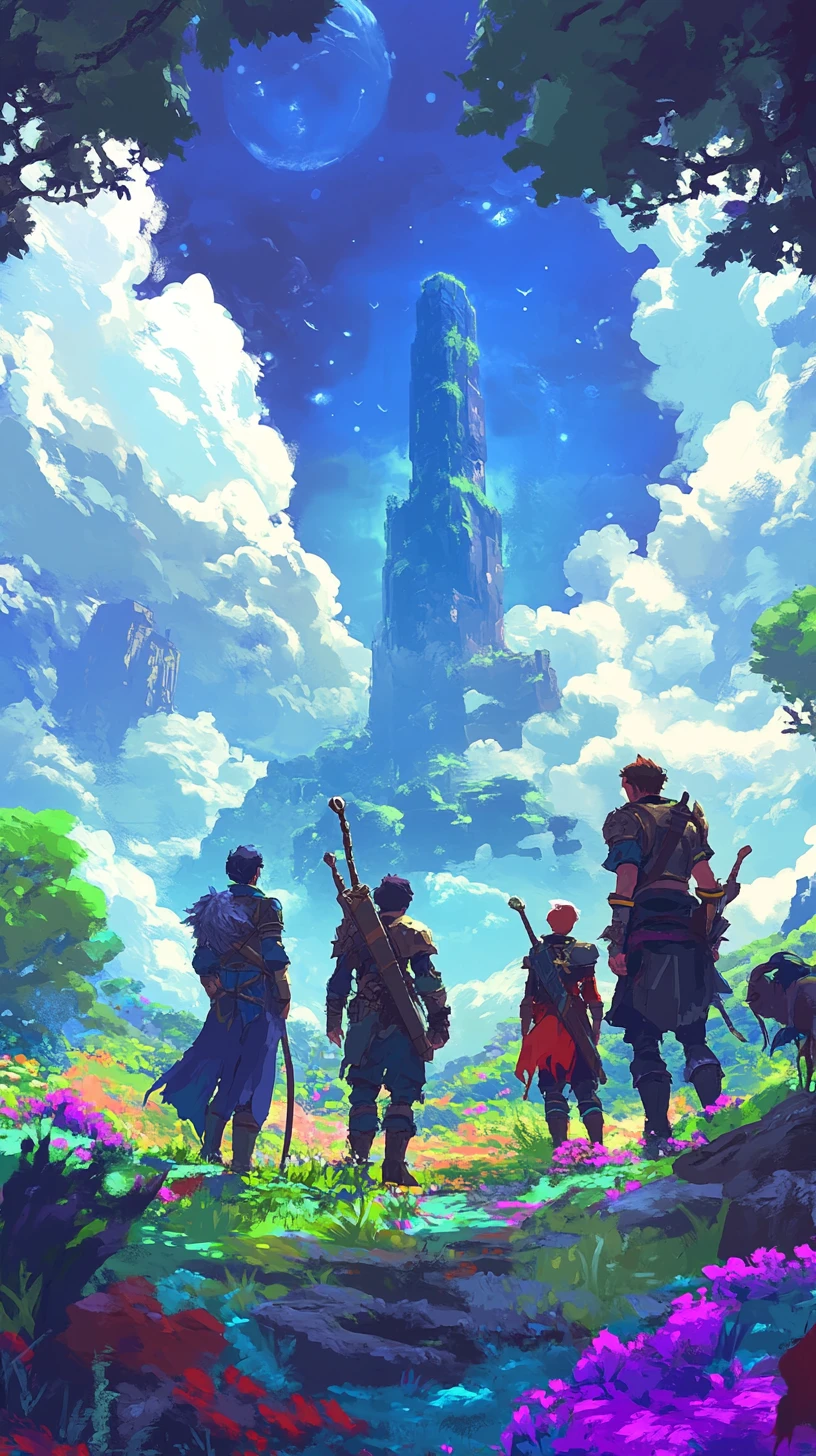 Fantasy heroes together in a vibrant pixel art landscape