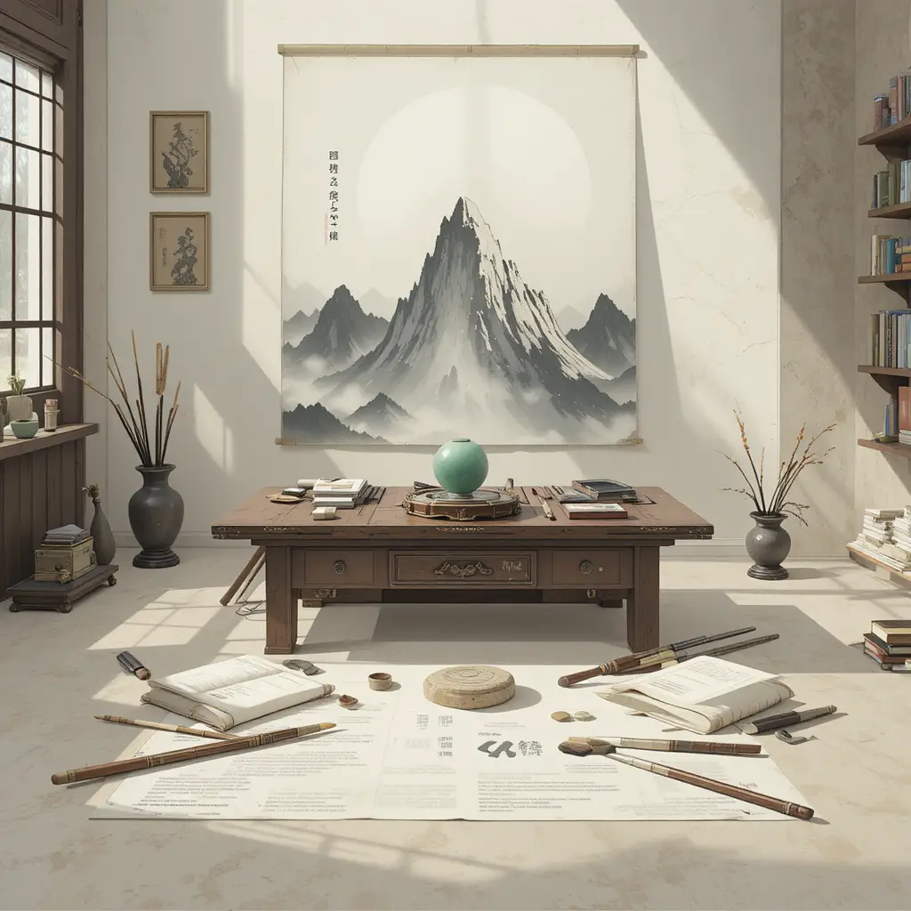 Bureau d’atelier de lettré avec pinceaux et parchemins