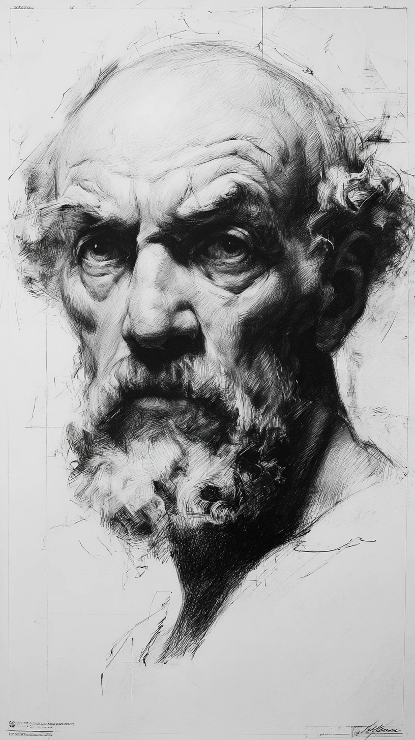 Retrato de homem idoso em desenho dramático de carvão com chiaroscuro
