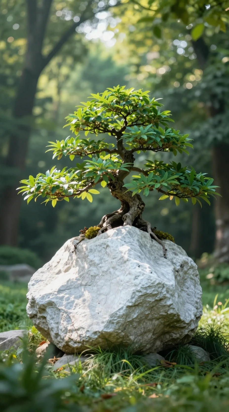 Árbol bonsái que crece desde una roca de granito en un prado del bosque