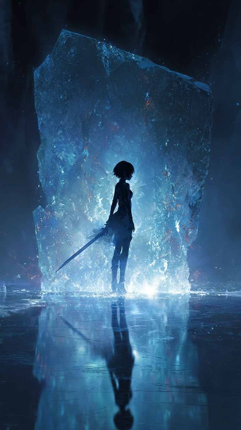 Guerrière d’anime figée dans un monument de glace lumineux
