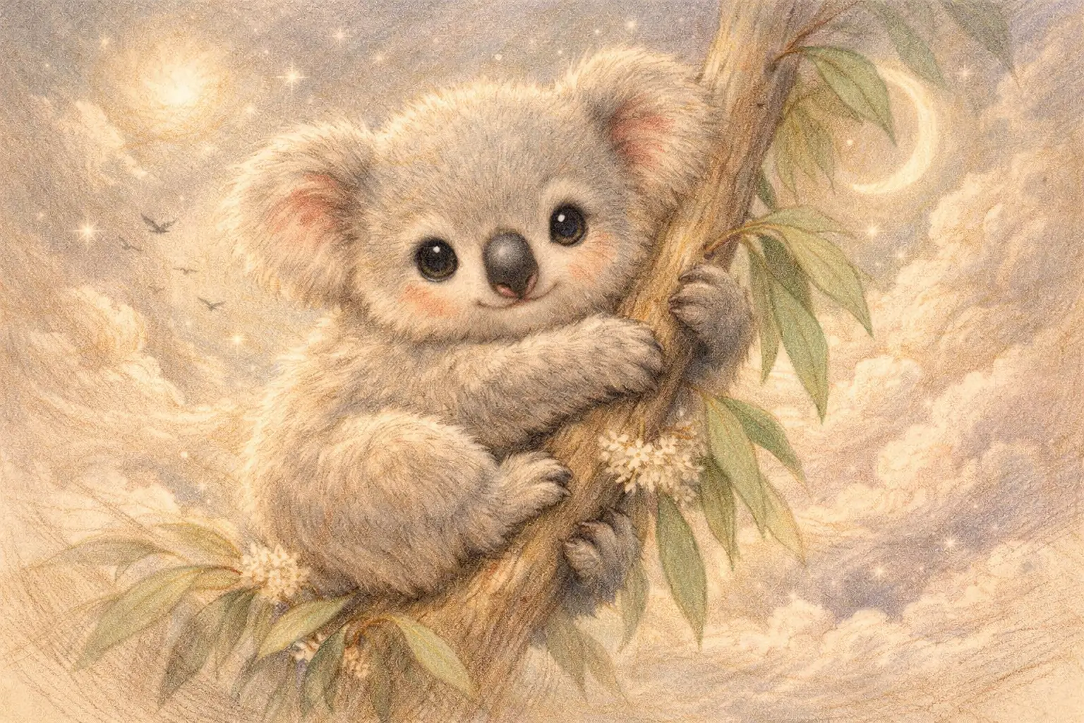 Cute baby koala hugging a eucalyptus branch pencil drawing