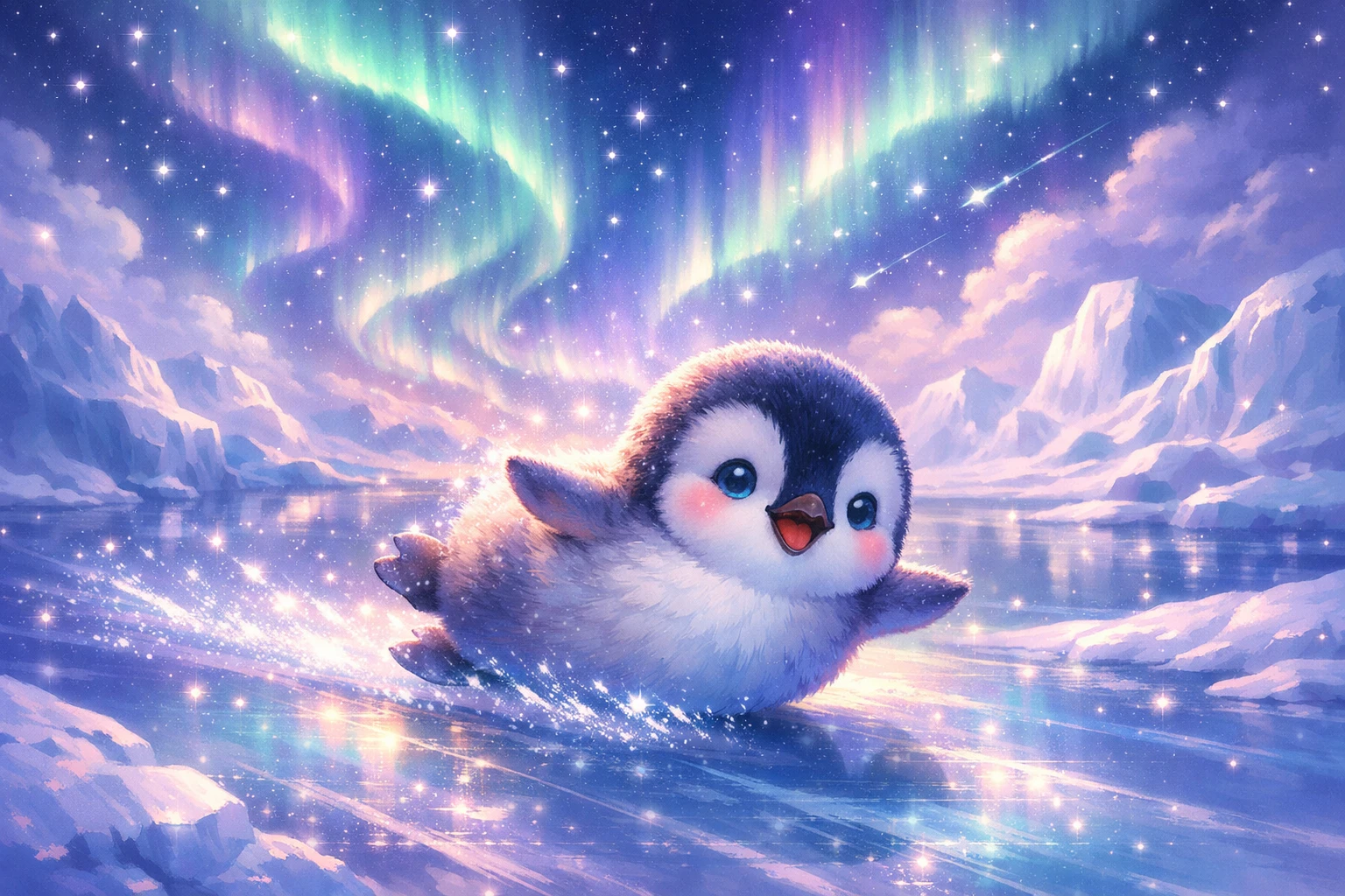 Adorable pingüino neón deslizándose por el helado Ártico bajo la aurora