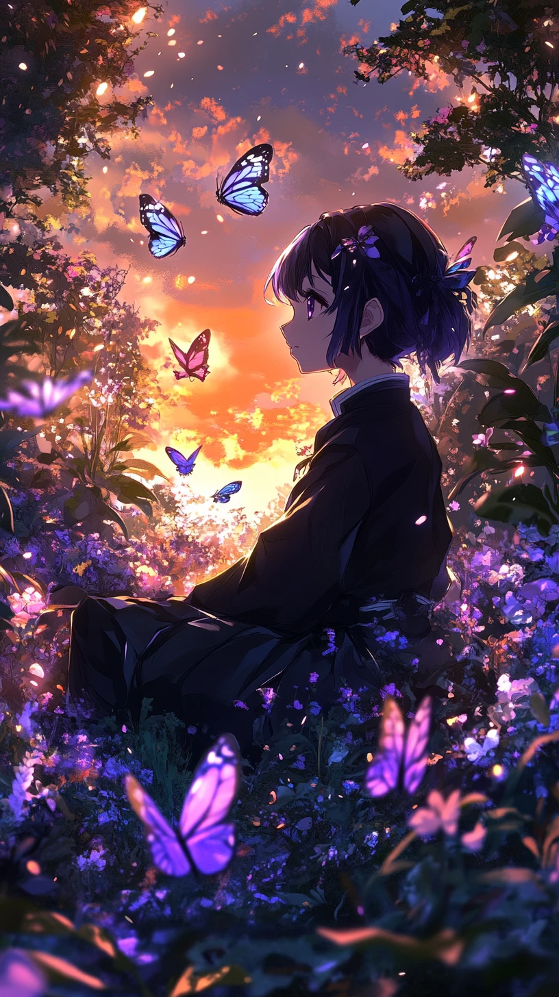 Anime girl in a luminous flower garden at dusk