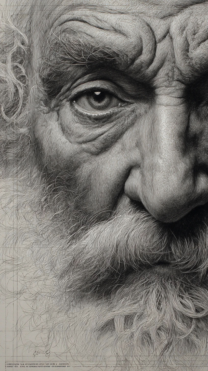 Portrait au graphite d’un homme âgé en clair-obscur dramatique, gros plan