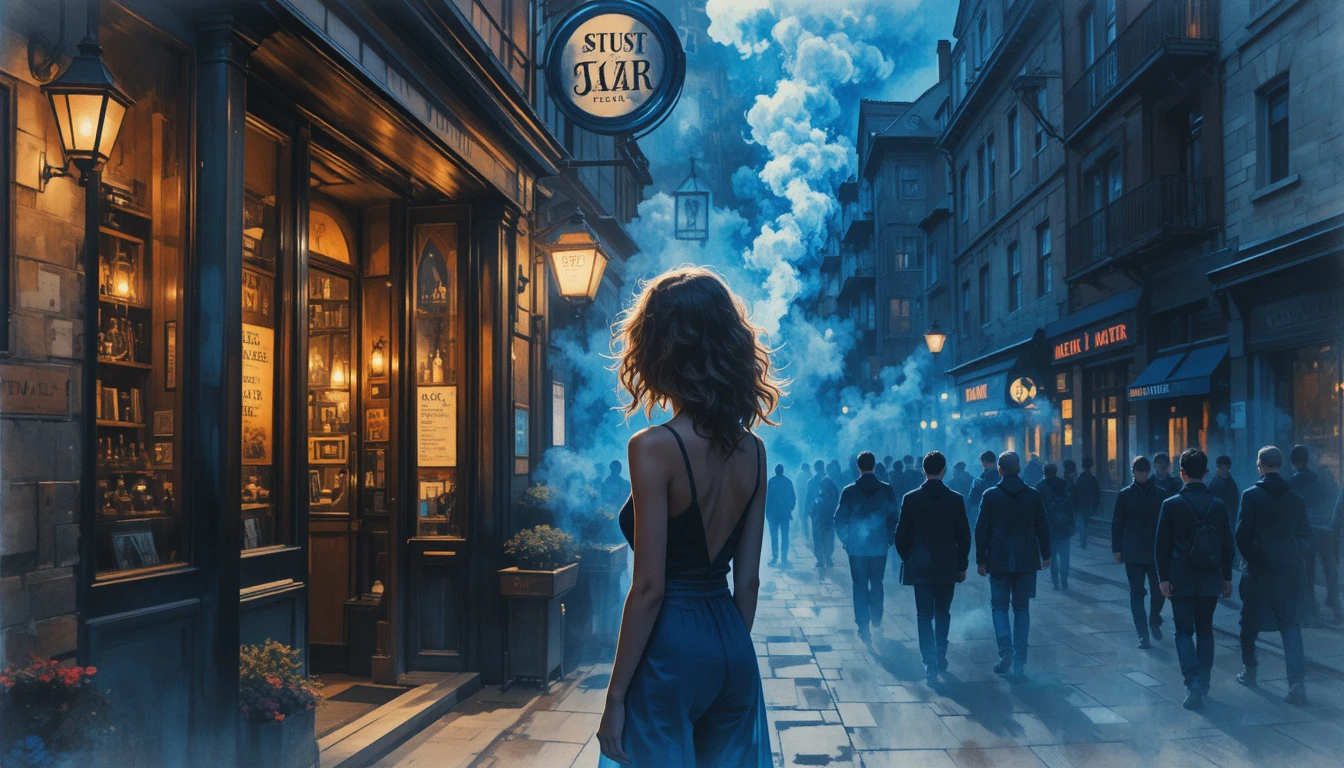 Watercolor girl outside jazz bar in midnight street