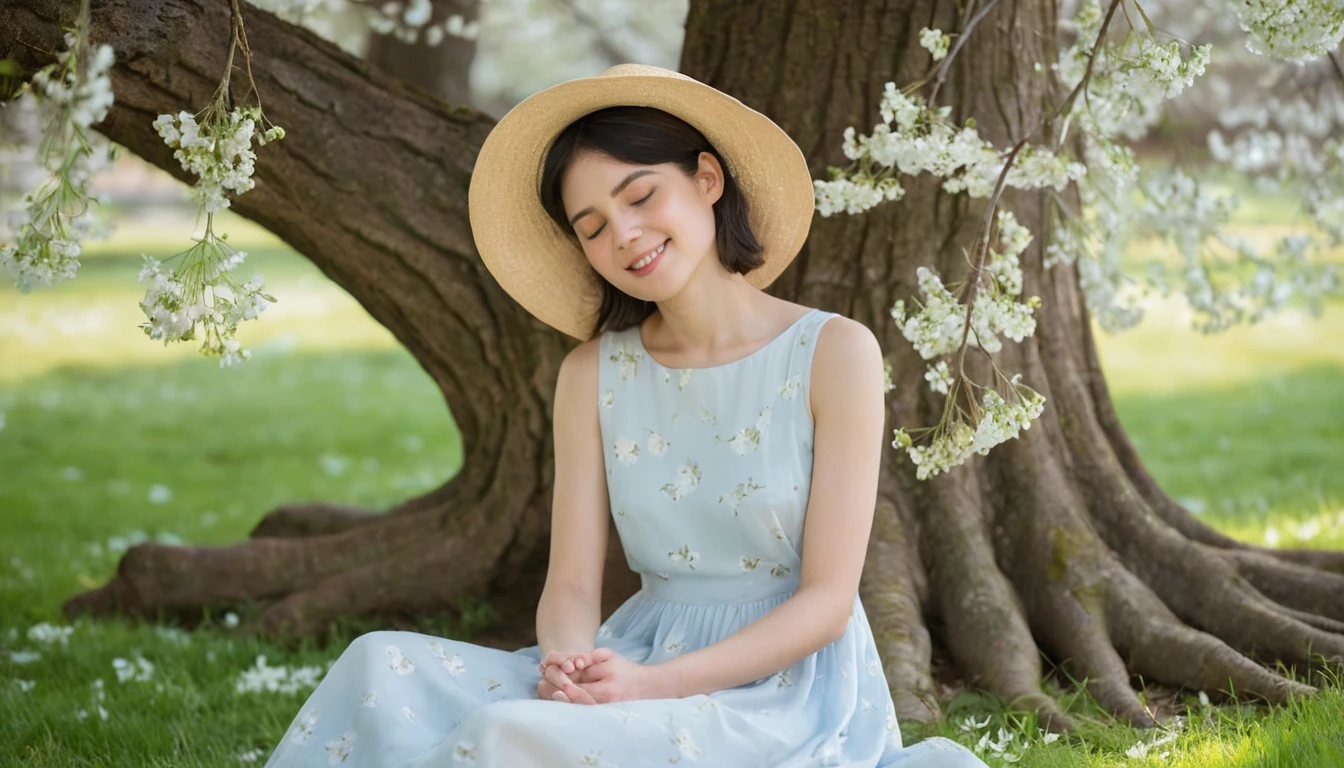 春日綻放樹下休憩的年輕女子