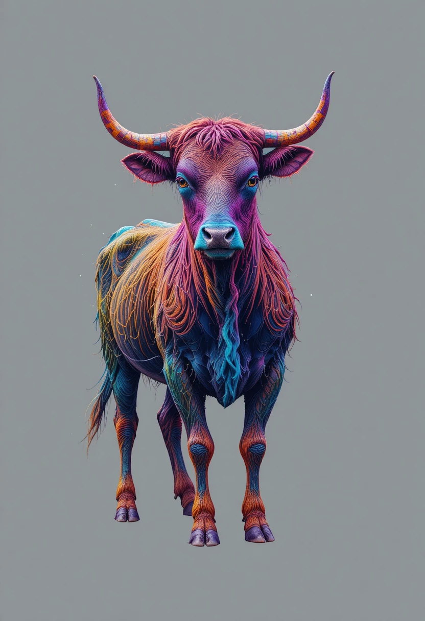 Vache écossaise colorée sur un fond gris uni