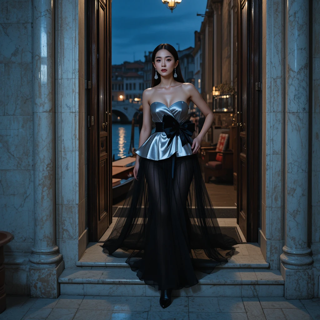 Muse de la mode coréenne descendant d’un bateau-taxi à l’heure bleue