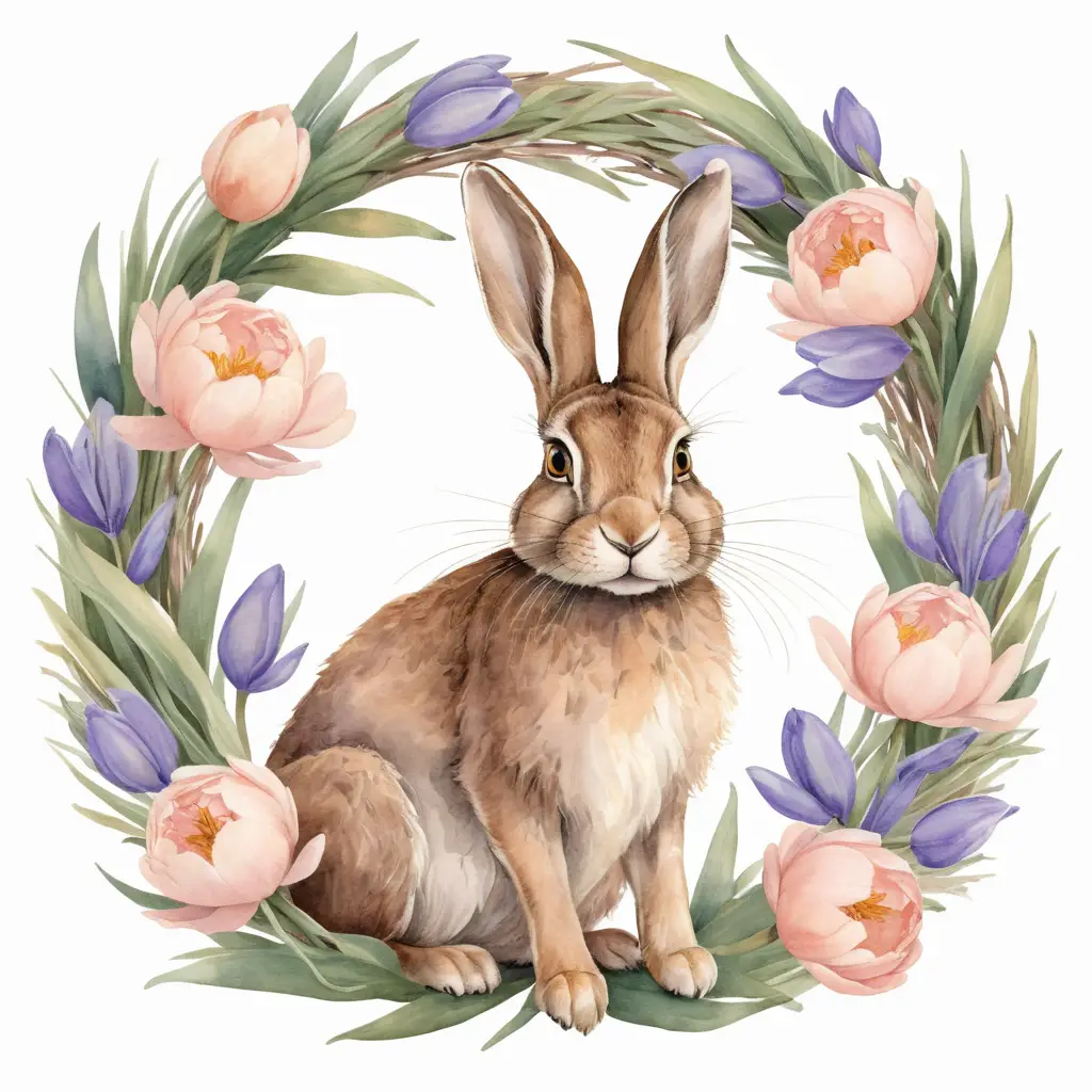 Liebre marrón soñadora en corona floral en tonos pastel – Ilustración
