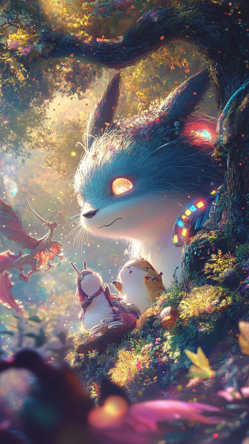 Esprit de la forêt enjoué et enfants se relaxant sous un arbre géant