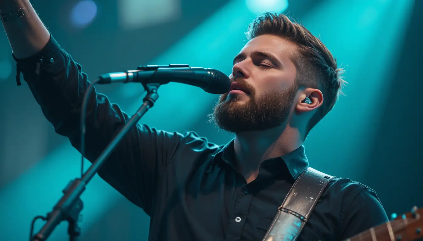Cantor masculino de adoração se apresentando apaixonadamente no palco do show
