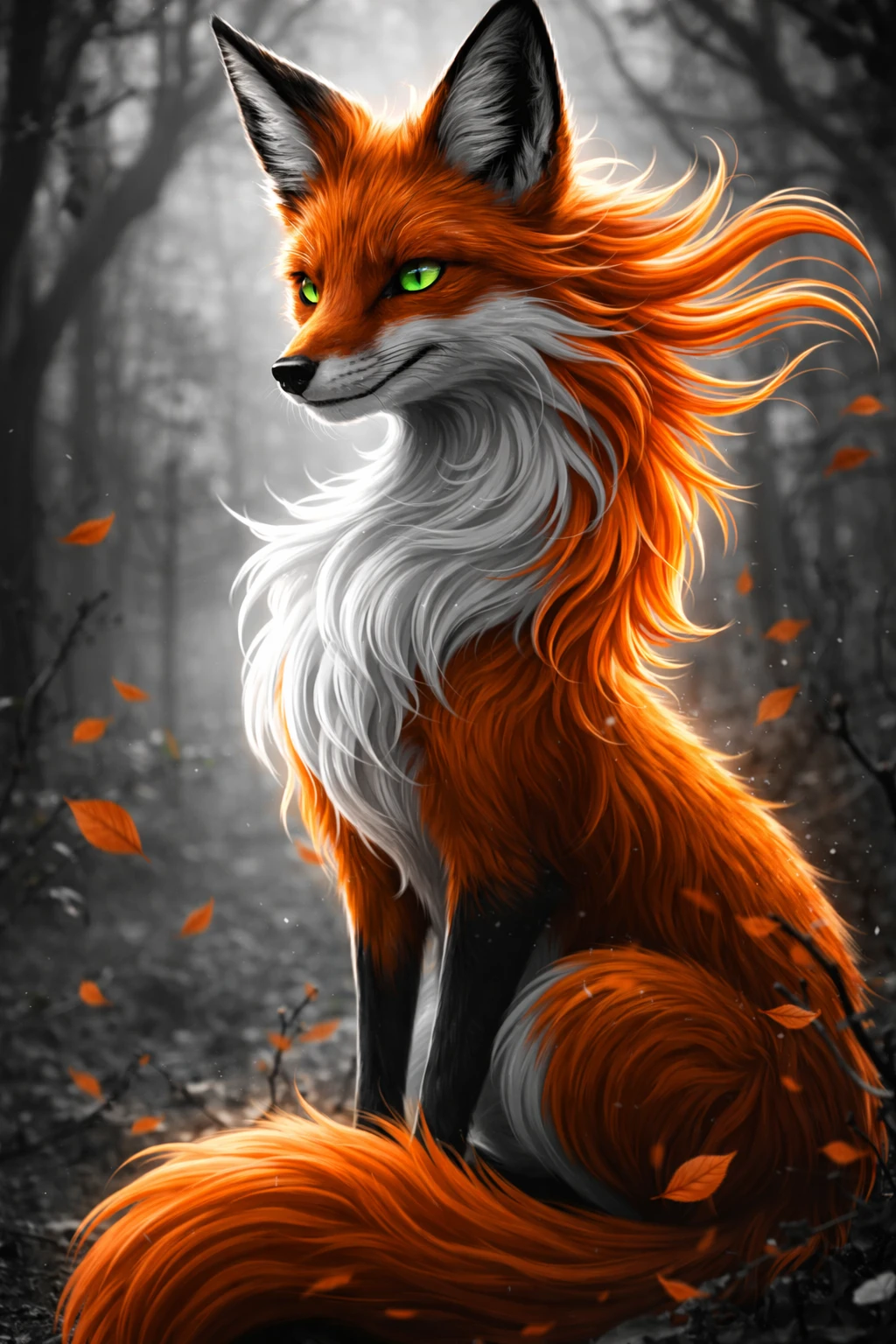 Retrato de zorro rojo en bosque neblinoso monocromático con ojos verdes