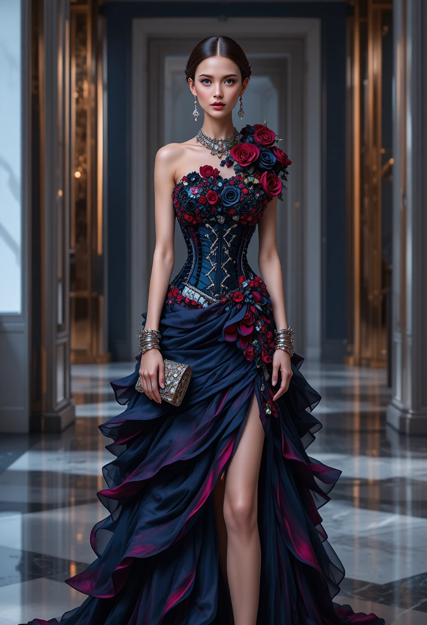 Elegant couture fashion illustration of a woman in rose gown