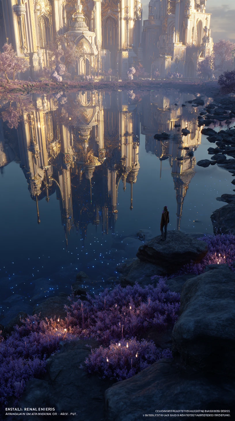 Elf Watching A Floating Cathedral Reflected In Mirror Lake