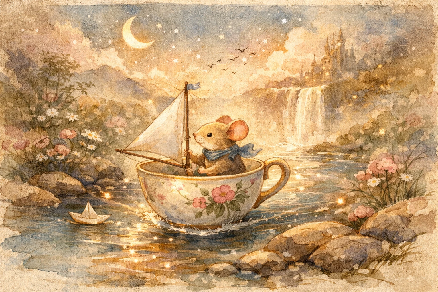 Kleine Maus segelt in einer Teetassen-Boot auf einem sanften Bach