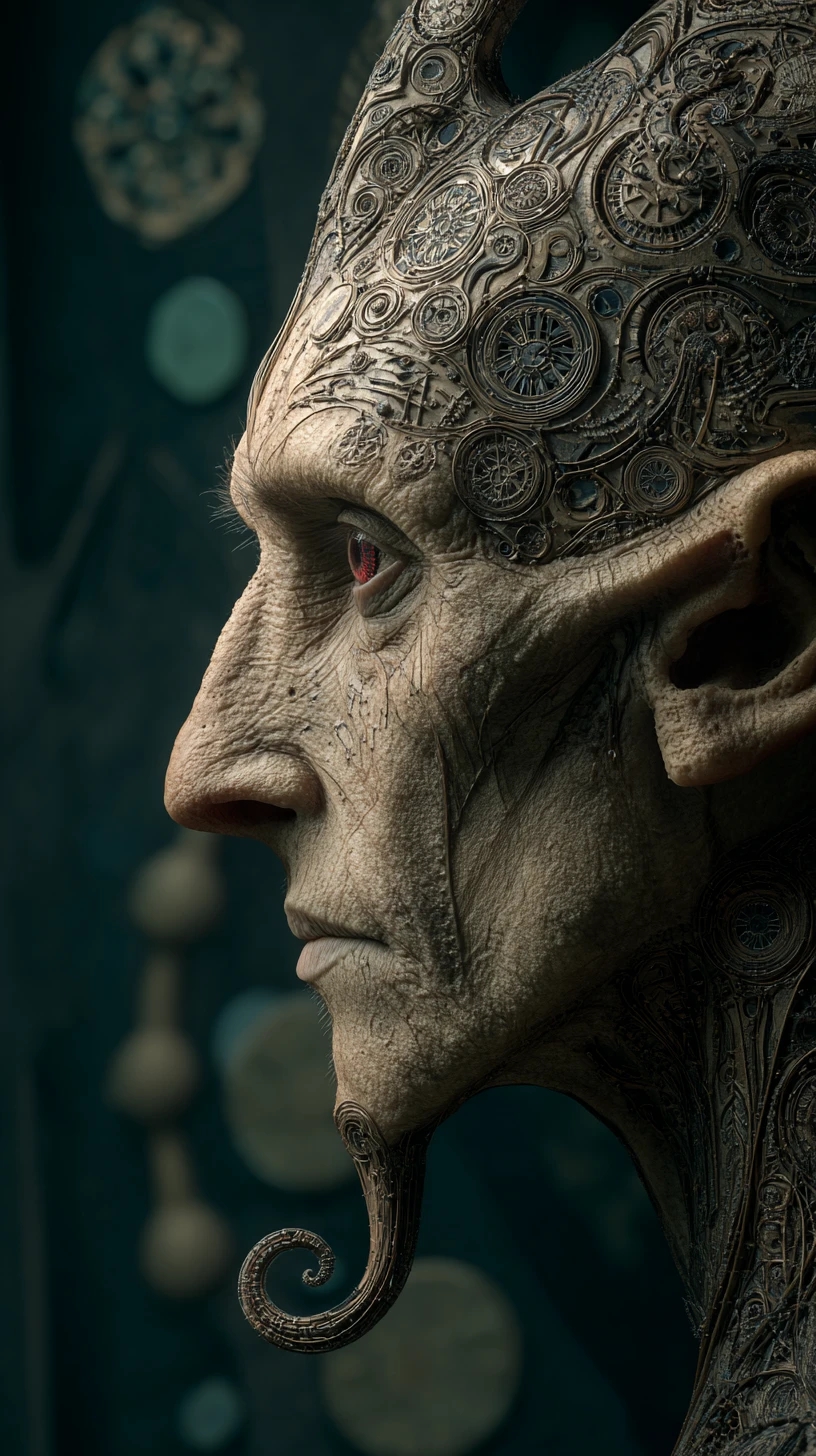 Retrato surreal de humanóide biomecânico com rosto ricamente entalhado