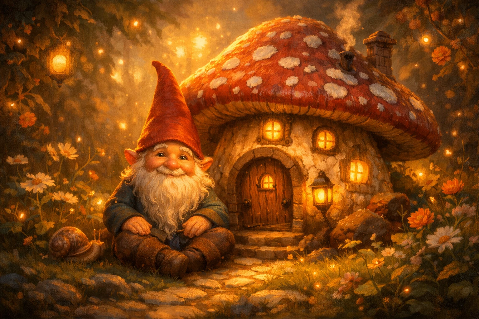 Gnome joyeux près d’une maison-champignon dans un jardin lumineux