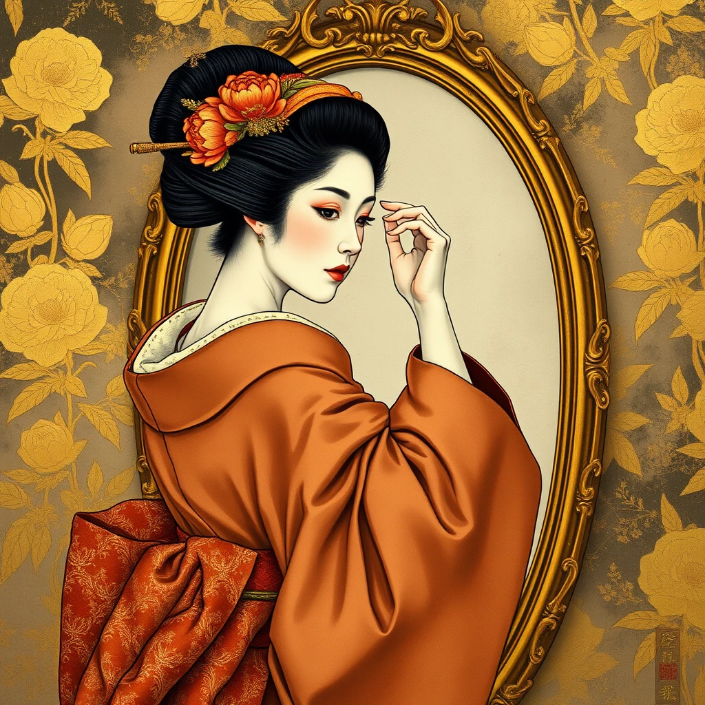 Geisha ajustando o grampo de cabelo diante de um espelho com moldura dourada