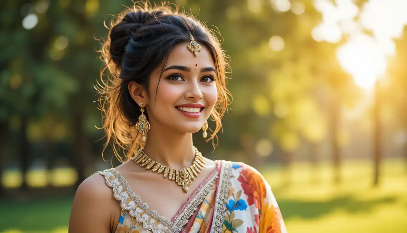 Joyful Indian girl in organza saree portrait outdoors