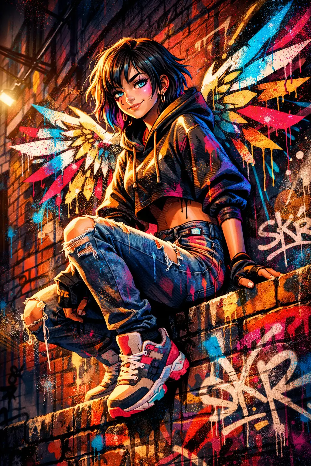 Angel graffiti girl sitting on a brick wall in alley