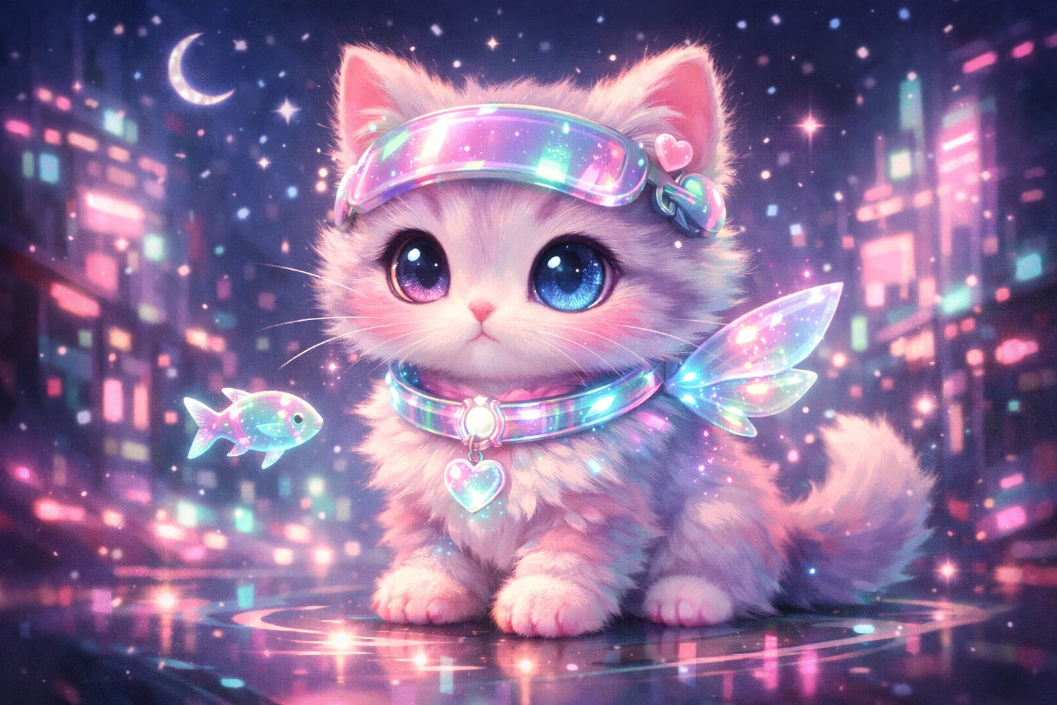 Adorable chaton cyberpunk néon avec accessoires holographiques lumineux
