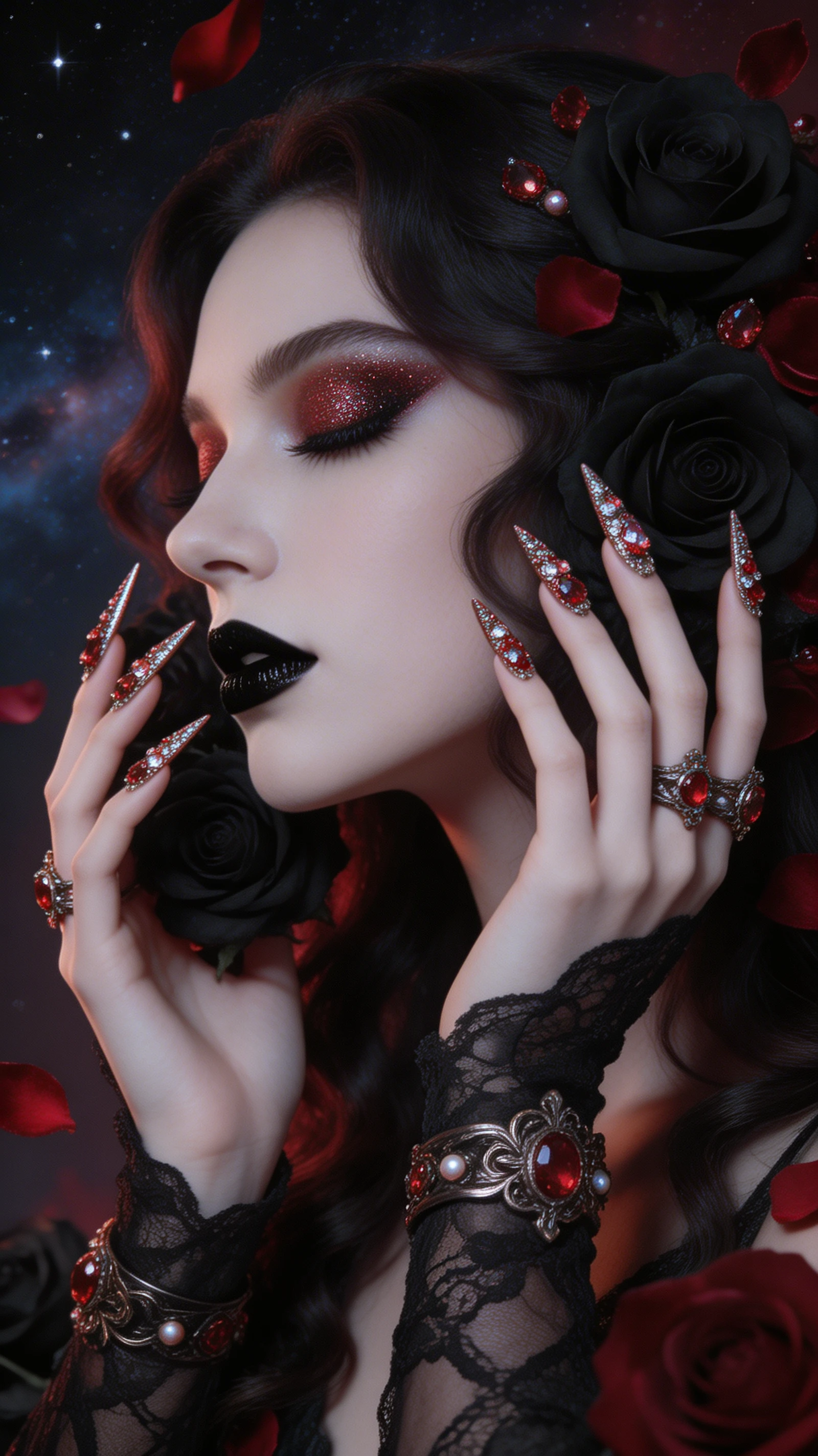 Gothic woman in profile with celestial glow and roses